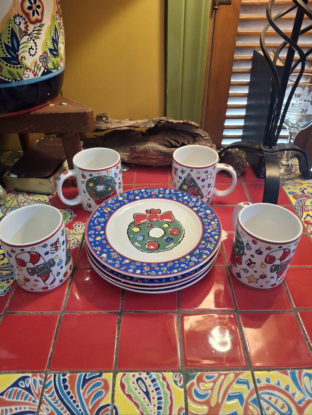 Block Basics Christmas Party Mugs & Plates 8" Set Of 8 Pcs VNTG 1995 Thailand